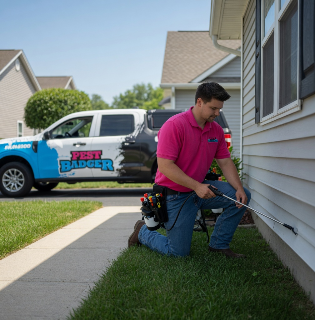 Pest control technician treating a home perimeter