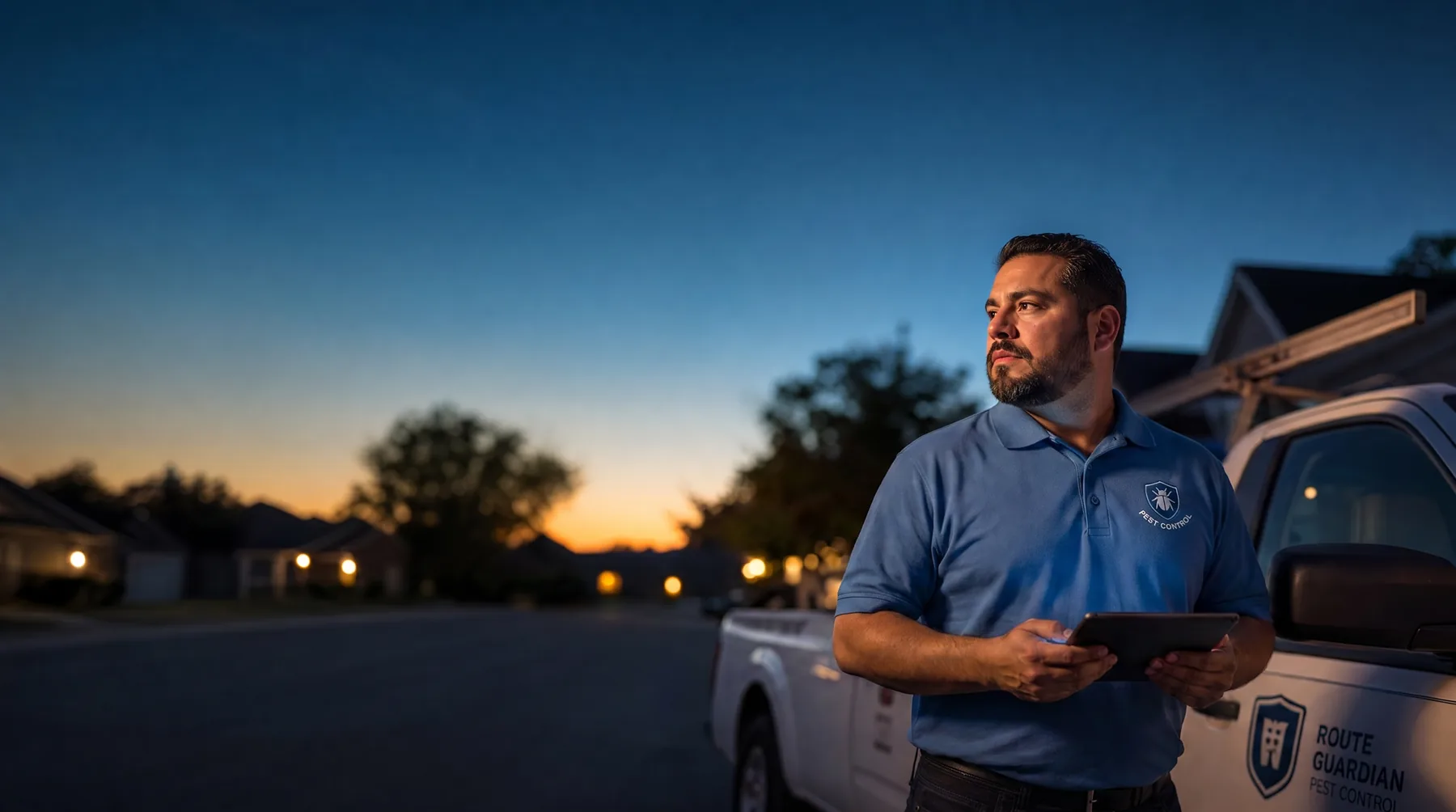 Pest control technician beside a service truck at blue hour